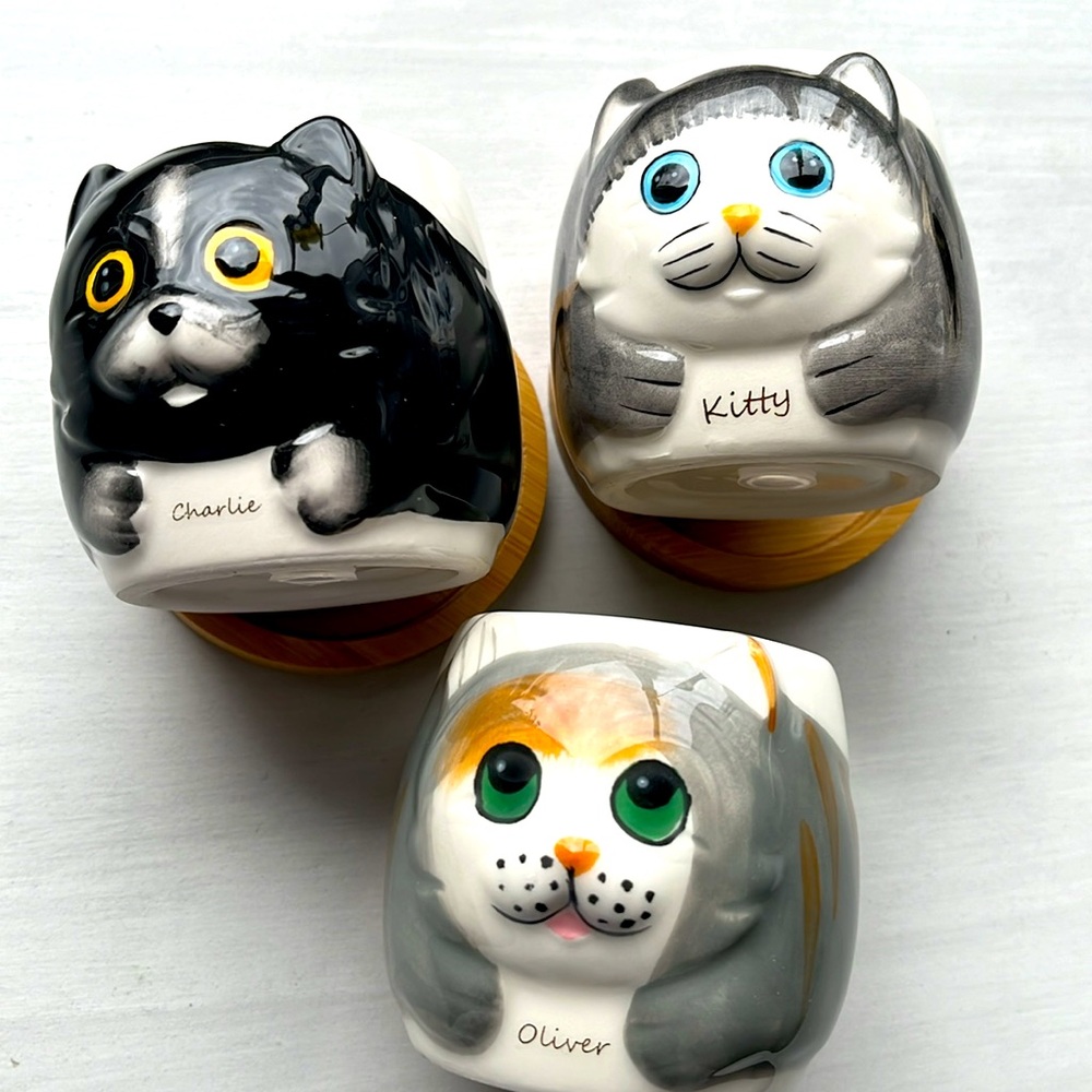 PLT 3 pc Set Window Garden Kitty Pots ceramic Porcelain Cats flower